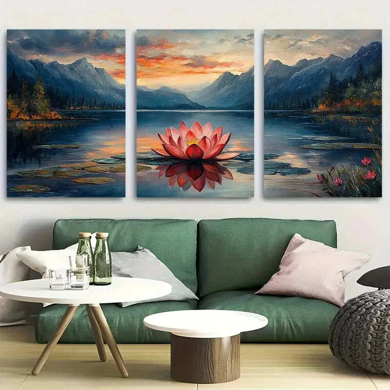 3pcs Lake And Mountains Décor Lotus Perfect Wall Art Set Canvas Framed 40x60cm - High Quality Print 100% Australian Made Wall Canvas Ready to Hang