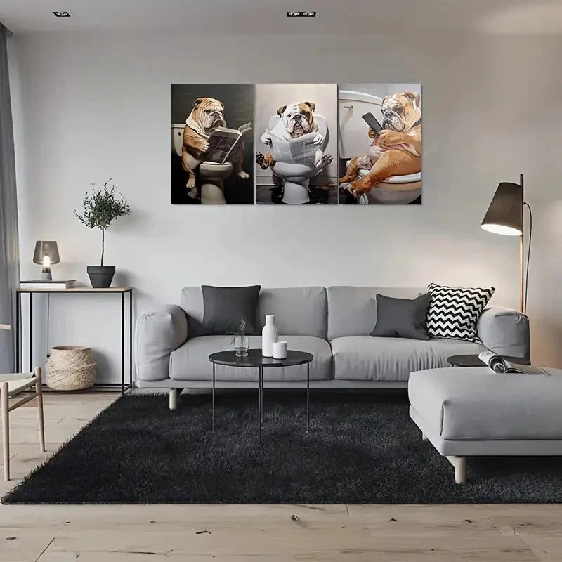 3pcs Adorable Bulldog on Toilet Funny Animal Metal Print Ready to Hang Art