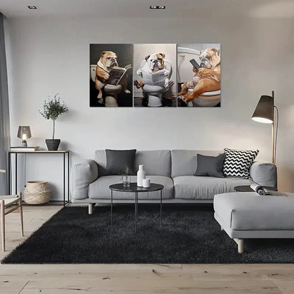 3pcs Adorable Bulldog on Toilet Funny Animal Metal Print Ready to Hang Art