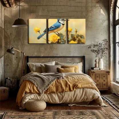 3pcs Crested Blue Jay Yellow Rose Branch Perfect Wall Art Set Canvas Framed 40x60cm - High Quality Print 100% Australian Made Wall Canvas Ready to Hang