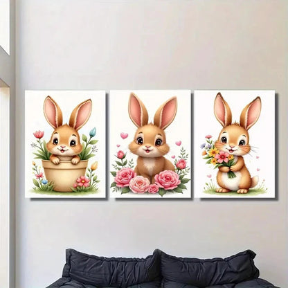 3pcs Charming Bunny Cute Rabbit Paintings flower Metal Print Ready to Hang Art