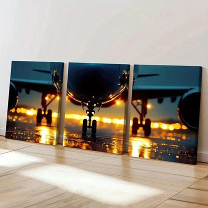 3pcs Airplane Sunset Runway Lights Wall Art Set Canvas Framed 40x60cm - High Quality Print 100% Australian Made Wall Canvas Ready to Hang