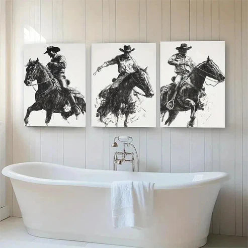 3pcs Dynamic Cowboy on Horse Dark Shadow Perfect  Wall  Art Set Canvas Unframed - High Quality Print 100% Australian Made Wall Canvas