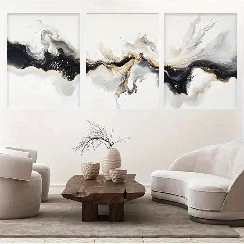 3pcs Elegant Black White And Golden Abstract Wall Art Set Canvas Framed 40x60cm - High Quality Print 100% Australian Made Wall Canvas Ready to Hang