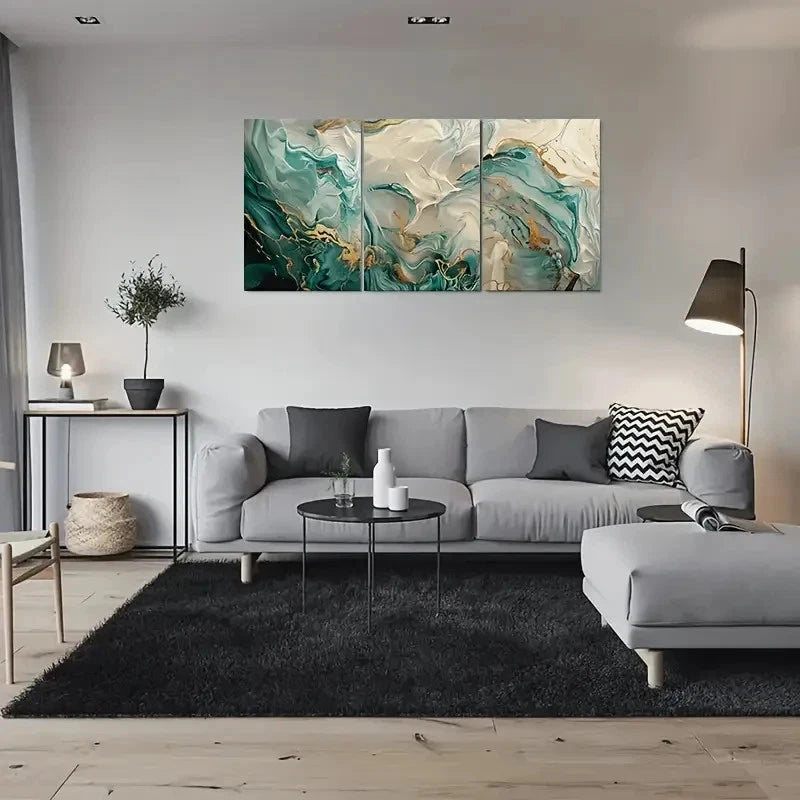 3pcs Abstract Teal White & Golden Swirls Metal Print Ready to Hang Art