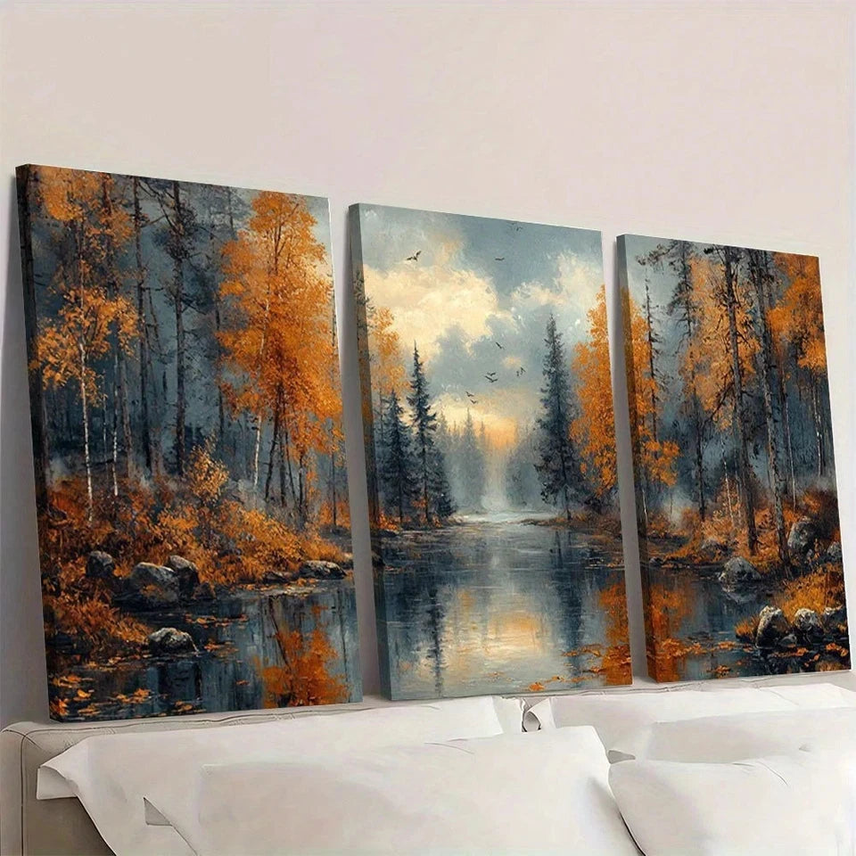 3pcs Autumn River Forest Vintage Antique Style Wall Art Set Canvas Framed 60x90cm - High Quality Print 100% Australian Made Wall Canvas Ready to Hang