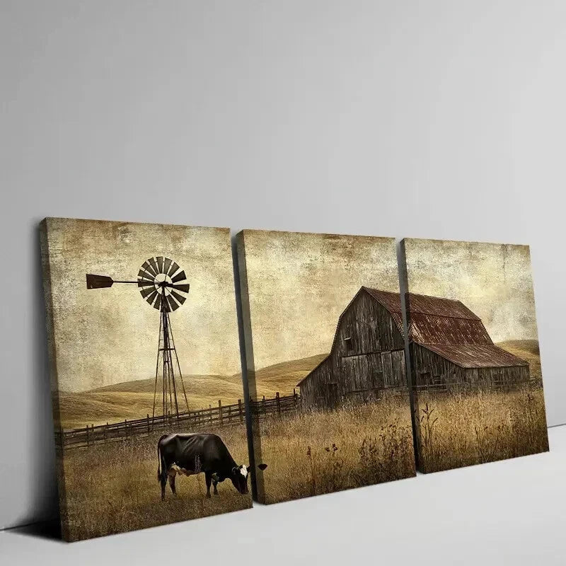 3pcs Barn And Windmill Scene with Cows Wall Art Set Canvas Framed 40x60cm - High Quality Print 100% Australian Made Wall Canvas Ready to Hang