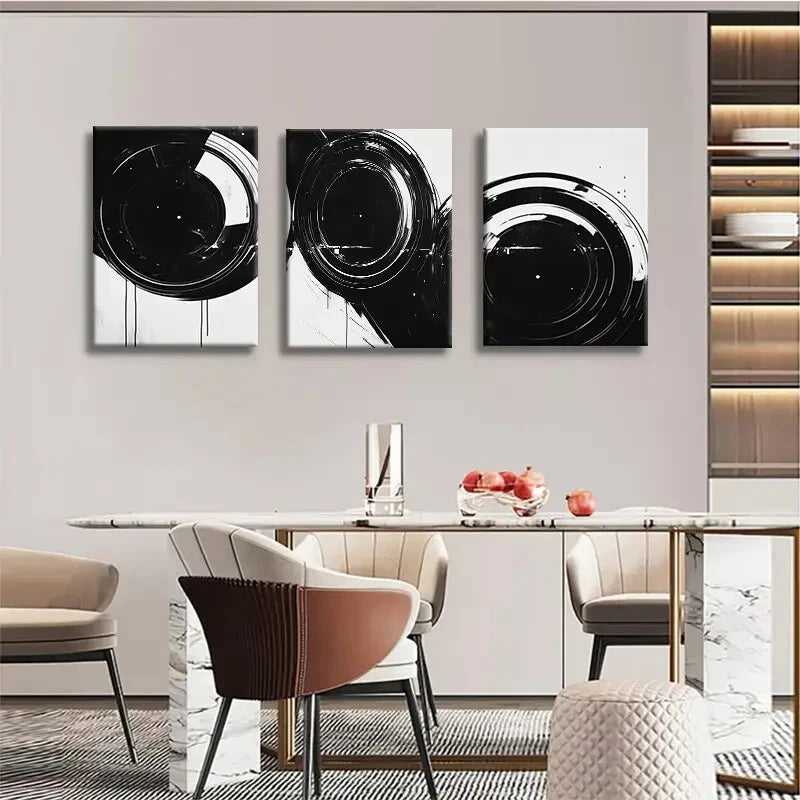 3pcs Black and White Abstract Circle Metal Print Ready to Hang Art