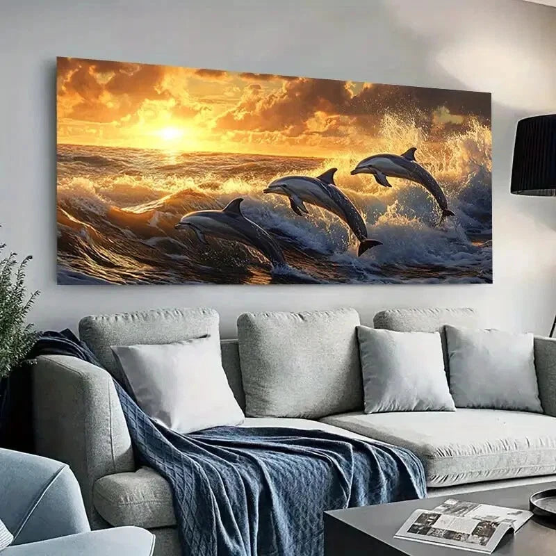 Vibrant Dolphin Leaping wall canvas office home room framed 120x60cm - Bella Home Decor