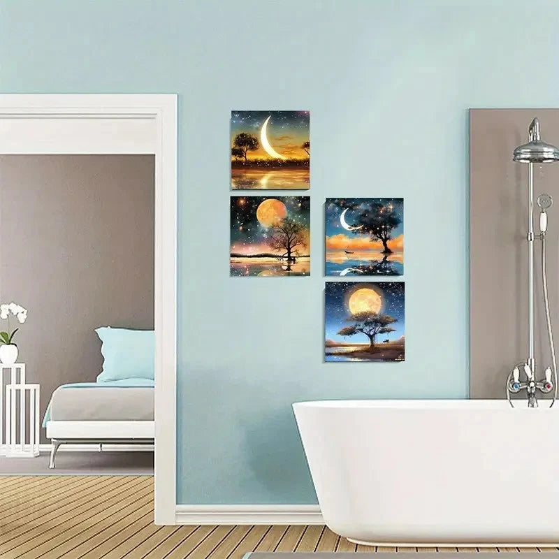 4pcs Night Scene Coastal Wall Art Canvas Framed