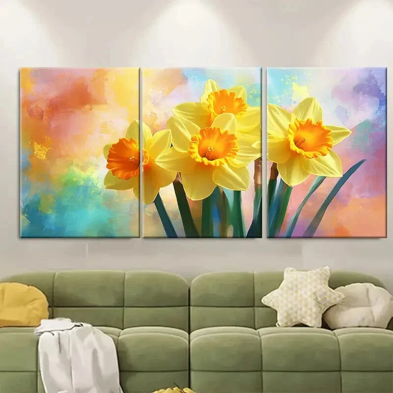3pcs Spring Daffodils Spring Flower Painting Metal Print Ready to Hang Art
