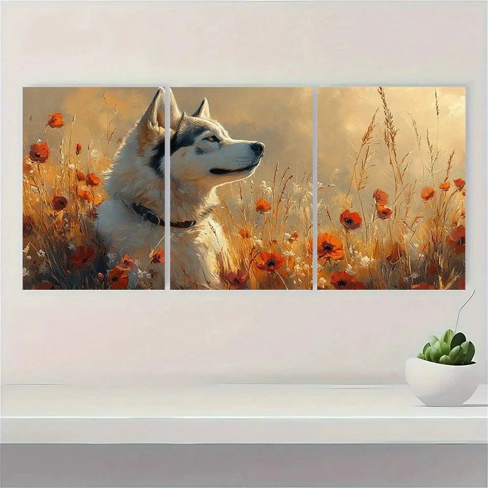 3pcs Husky Dog in Flower Field Wildflower Metal Print Ready to Hang Art