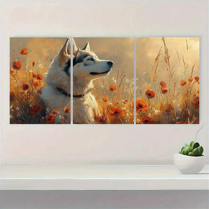 3pcs Husky Dog in Flower Field Wildflower Metal Print Ready to Hang Art