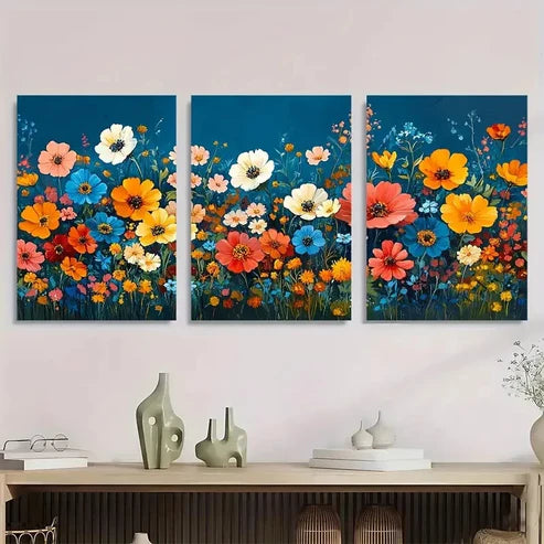 3pcs Vibrant Wildflower Giclée Gouache Wall Art Set Canvas Unframed - High Quality Print 100% Australian Made Wall Canvas