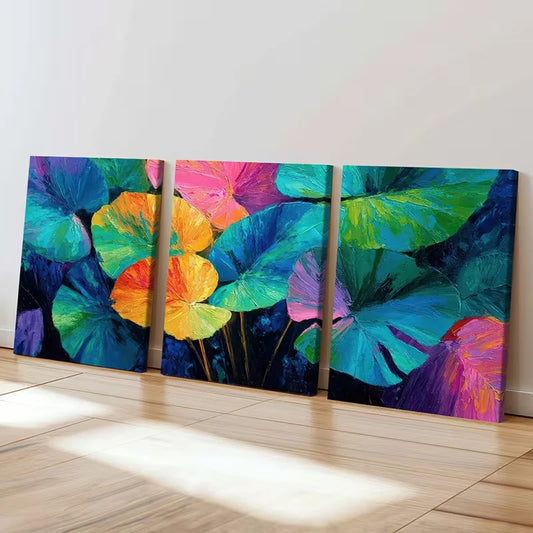 3pcs Colorful Lotus Leaves Abstract Design  Wall Art Set Canvas Framed 60x90cm - High Quality Print 100% Australian Made Wall Canvas Ready to Hang