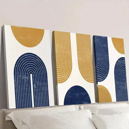 3pcs Golden Navy Blue Geometric Shapes & Lines Wall Art Set Canvas Unframed - High Quality Print 100% Australian Made Wall Canvas