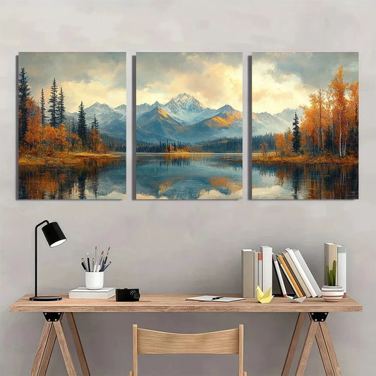 3pcs Snow Capped Mountains & Autumn Trees Metal Print Ready to Hang Art