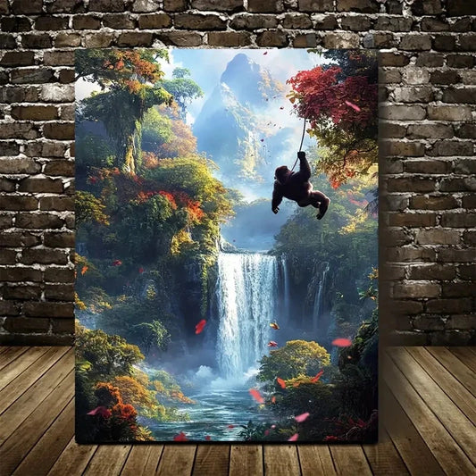 Colorful Jungle Scene with Waterfall Gorilla Painting 40x60cm Metal Print Ready to Hang