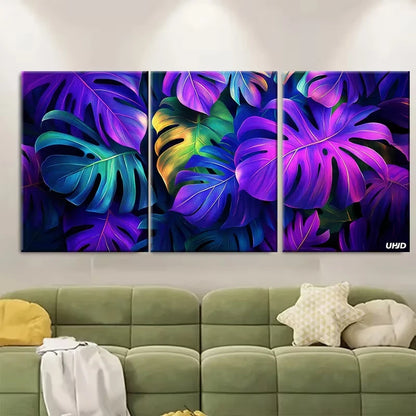 3pcs Tropical Leaves in Purple and Green Metal Print Ready to Hang Art