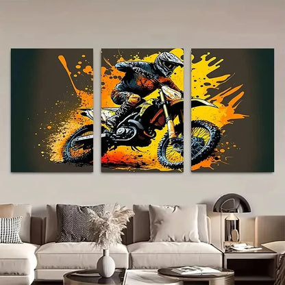 3pcs Yellow Motocross Canvas Painting Style Metal Print Ready to Hang Art
