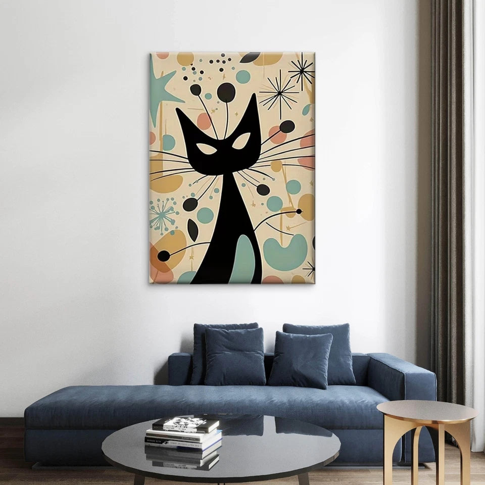 Stylized Mid-Century Modern Black Cat 60x90cm Metal Print Ready to Hang