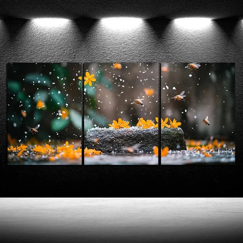 3pcs Bees on Osmanthus Green Leaves Metal Print Ready to Hang Art