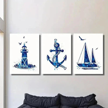 3pcs Navy Blue Lighthouse Sailboat Anchor Wall Art Canvas Unframed – High Quality Print 100% Australian Made Wall Canvas
