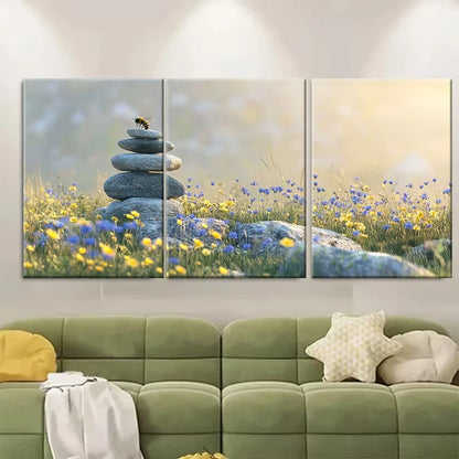 3pcs Summer Meadow, Wildflowers, Stone Cairn Metal Print Ready to Hang Art