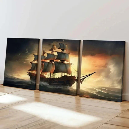 3pcs Sailing Ship in Stormy Seas Painting Wall Art Set Canvas Framed 40x60cm - High Quality Print 100% Australian Made Wall Canvas Ready to Hang