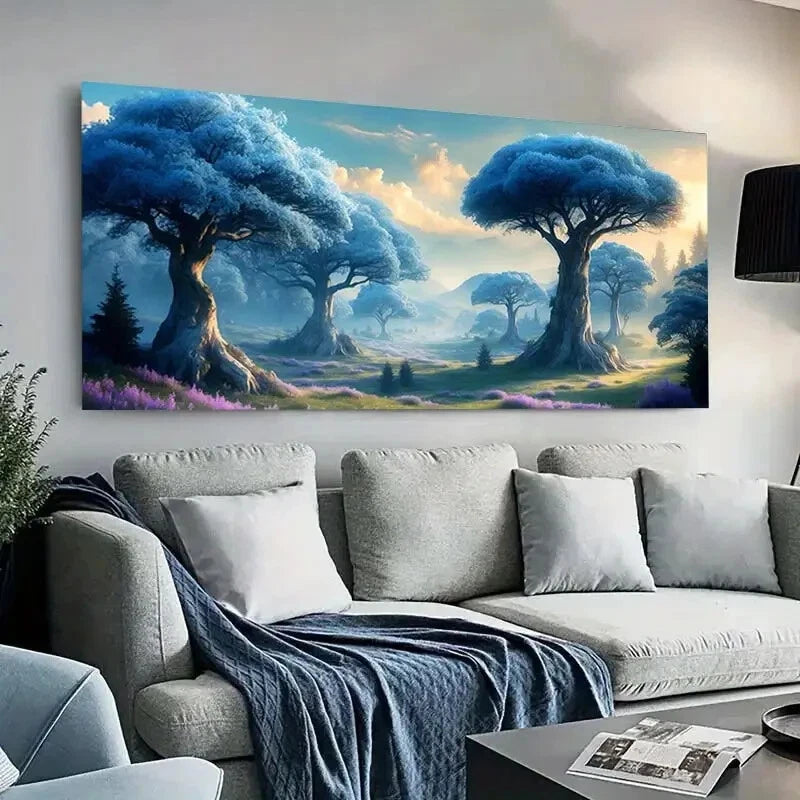 Blue Trees Misty Mountains wall canvas office home room framed 120x60cm - Bella Home Decor