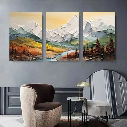 3pcs  Scenic Mountain River & Forest Oil Painting Metal Print Ready to Hang Art