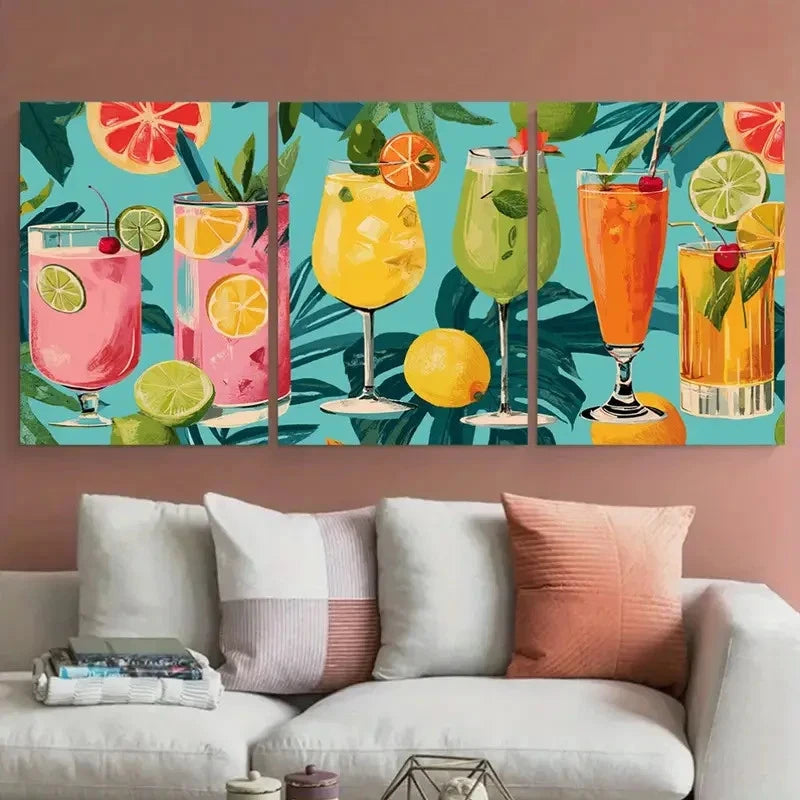 3pcs Retro Cocktail Seamless Artwork Perfectt Wall Art Set Canvas Framed 60x90cm - High Quality Print 100% Australian Made Wall Canvas Ready to Hang