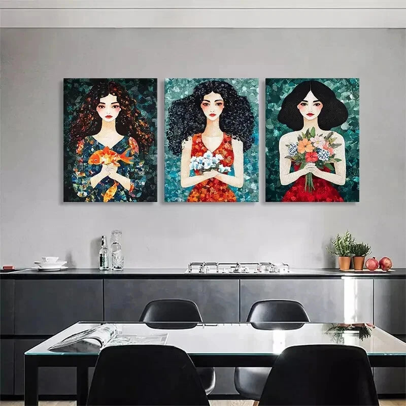 3pcs Colorful Floral Women Flowers Perfect Wall Art Set Canvas Framed 50x70cm - High Quality Print 100% Australian Made Wall Canvas Ready to Hang
