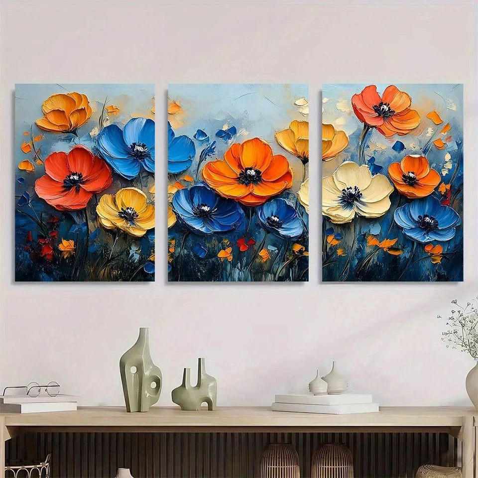 3pcs Vibrant Floral Modern Abstract Wall Art Set Canvas Framed 50x70cm - High Quality Print 100% Australian Made Wall Canvas Ready to Hang