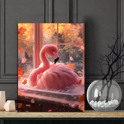 Fluffy Pink Flamingo in The Bathtub Tropical Leaves 40x60cm Metal Print Ready to Hang