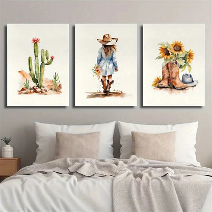 3pcs Cowboy Girl Cactus Boots & Sunflower Metal Print Ready to Hang Art