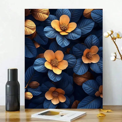 Elegant Blue and Golden Floral Leaves Design 40x60cm Metal Print Ready to Hang