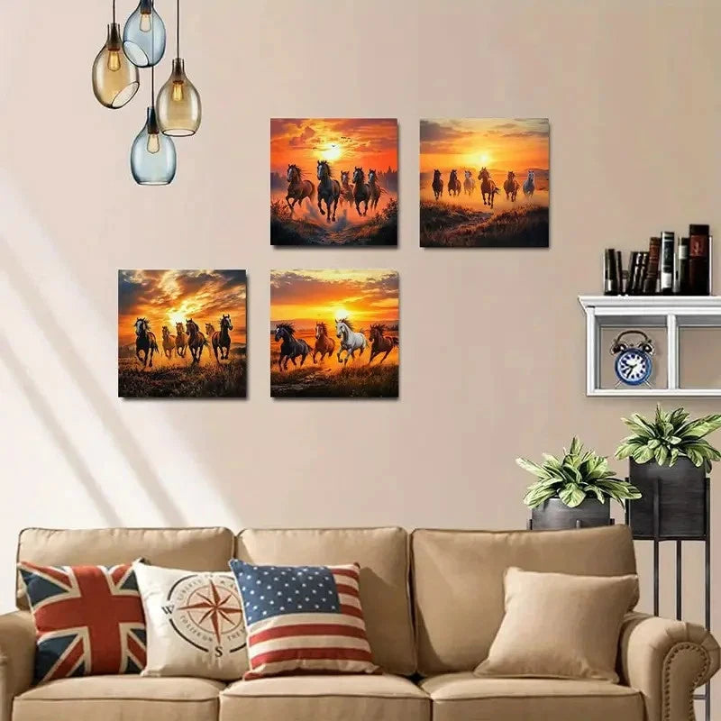 4pcs Majestic Horses in Sunset Galloping Wall Art Canvas Framed
