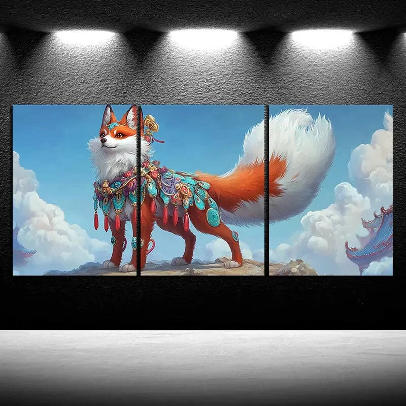 3pcs Beautiful Red Fox Big Tail Metal Print Ready to Hang Art