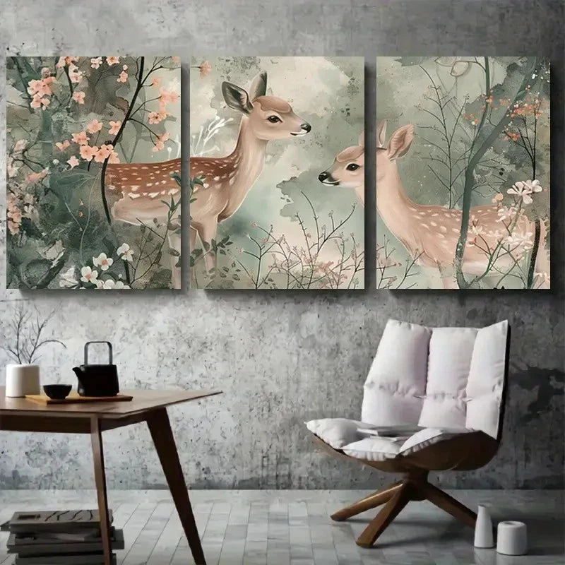 3pcs Rustic Wildlife & Floral Scene Wall Art Set Canvas Framed 60x90cm - High Quality Print 100% Australian Made Wall Canvas Ready to Hang