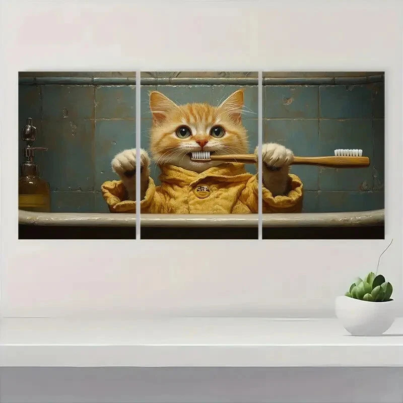 3pcs Whimsical Cat Bathrobe Brushing Teeth Metal Print Ready to Hang Art
