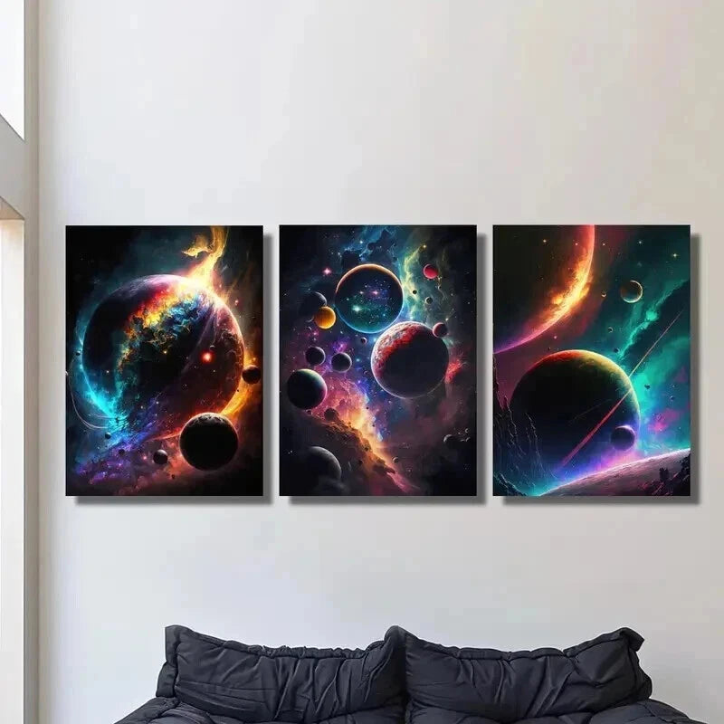 3pcs Colorful Space & Glowing Planets Wall Art Set Canvas Framed 40x60cm - High Quality Print 100% Australian Made Wall Canvas Ready to Hang