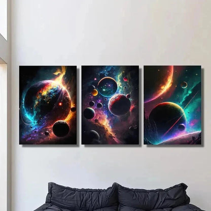 3pcs Colorful Space & Glowing Planets Wall Art Set Canvas Framed 40x60cm - High Quality Print 100% Australian Made Wall Canvas Ready to Hang