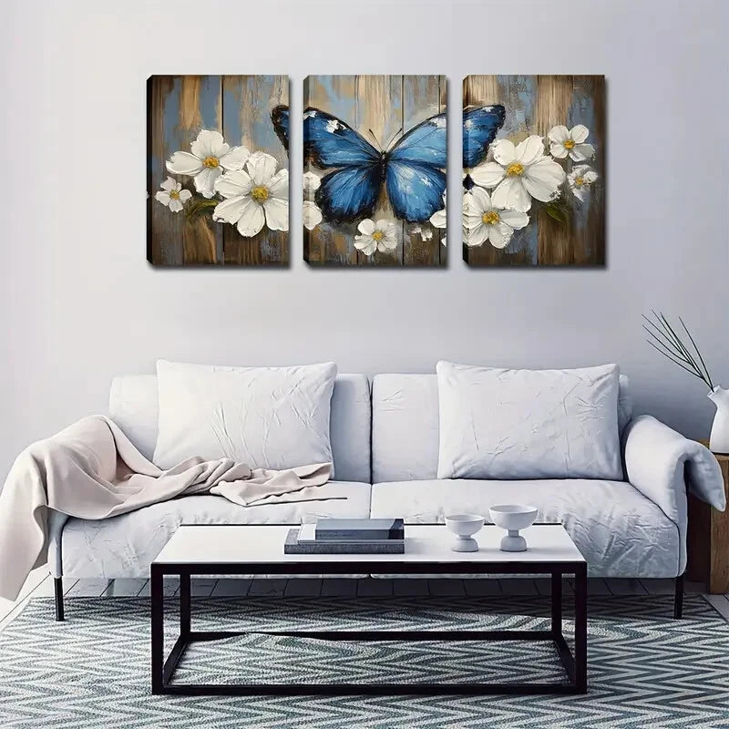 3pcs Blooming Flowers & Blue Butterfly Perfect Wall Art Set Canvas Framed 40x60cm - High Quality Print 100% Australian Made Wall Canvas Ready to Hang