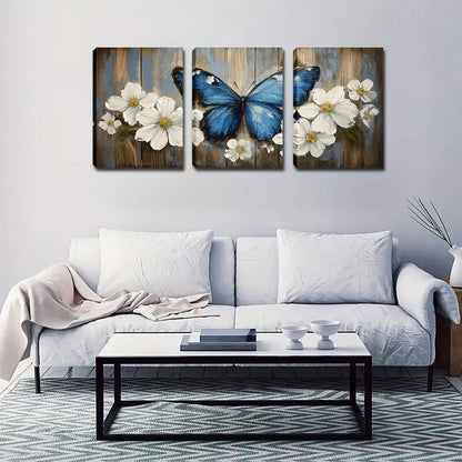 3pcs Blooming Flowers & Blue Butterfly Perfect Wall Art Set Canvas Framed 40x60cm - High Quality Print 100% Australian Made Wall Canvas Ready to Hang
