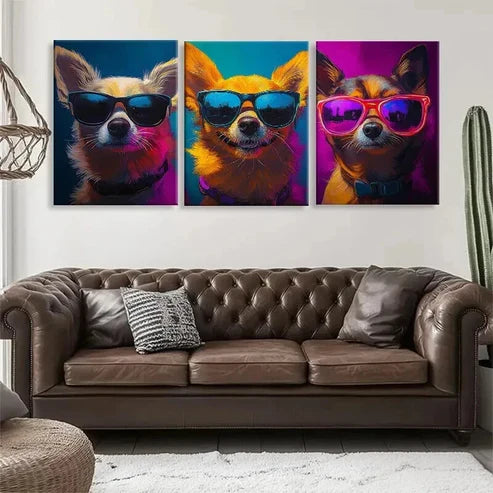 3pcs Cool Chihuahuas in Glasses Vibrant Perfect Wall Art Canvas Unframed - High Quality Print 100% Australian Made Wall Canvas