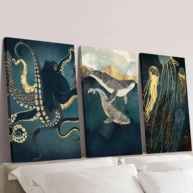 3pcs Abstract Octopus Whale Jellyfish Wall Art Set Canvas Framed 50x70cm - High Quality Print 100% Australian Made Wall Canvas Ready to Hang