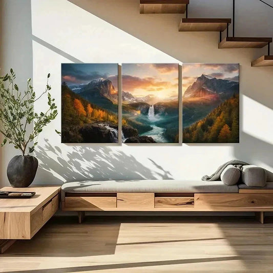 3pcs Valley Canyon Waterfall River Decor Wall Art Set Canvas Framed 40x60cm - High Quality Print 100% Australian Made Wall Canvas Ready to Hang