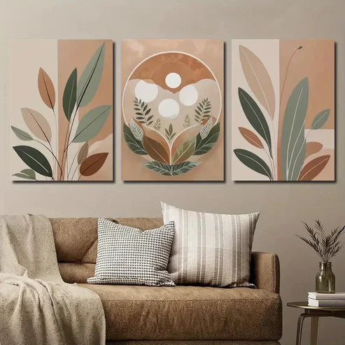 3pcs Bohemian Style Leaf & Nature Elements Wall Art Set Canvas Unframed - High Quality Print 100% Australian Made Wall Canvas