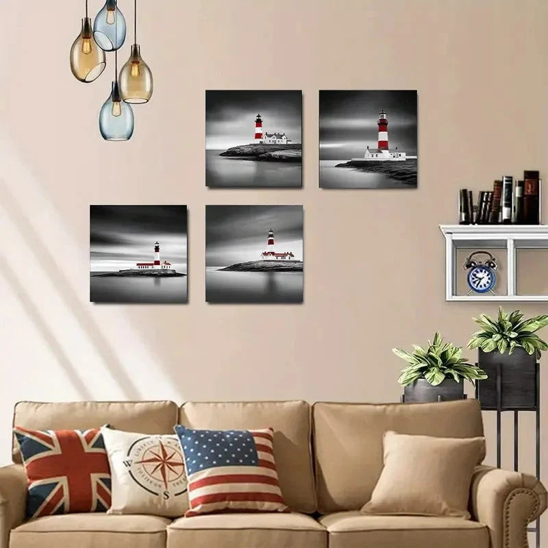4pcs Black & White Beach Seascape Wall Art Canvas Framed